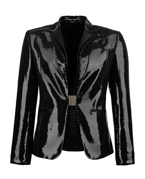 gucci sequin jacket peacock|Sequined lamé tweed jacket in black .